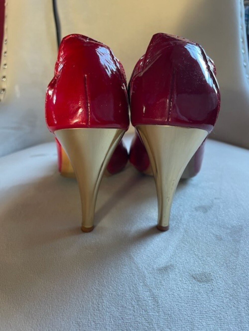Linea Paolo Red Patent Peep-Toe Platform Heels - Picture 3 of 4